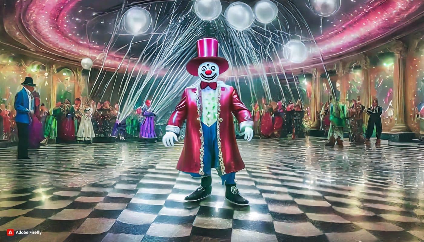 «El circo de la FIDE» y la carrera por el Candidatos Firefly payaso tablero Fotografía generada por Firefly para ilustrar el «circo de la FIDE»
