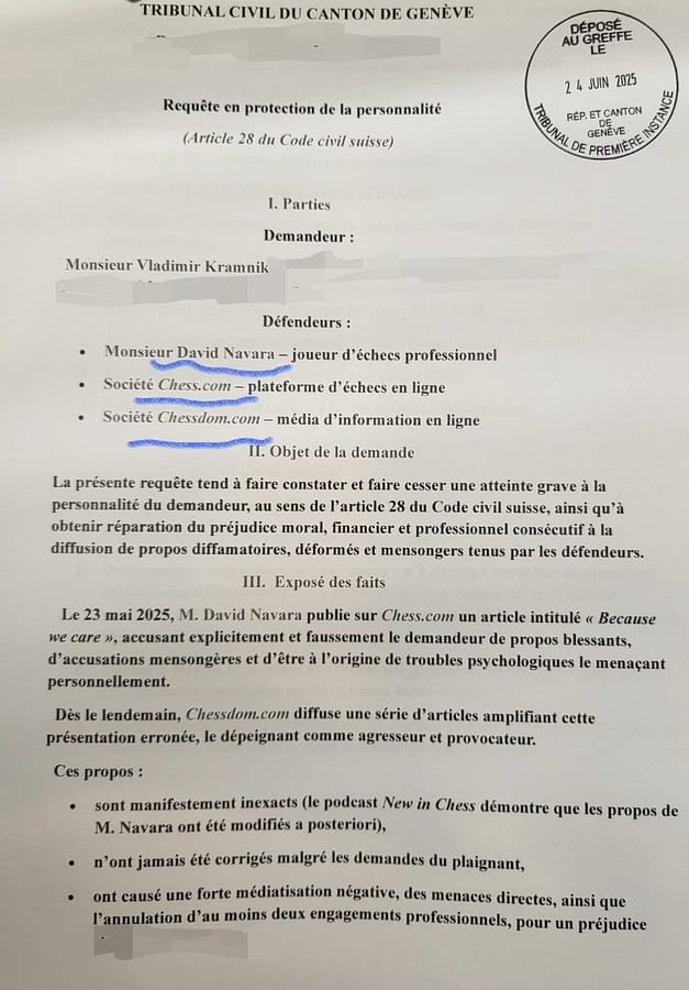 Kramnik ahonda en las heridas de Navara demanda kramnik Copia de la denuncia presentada por Kramnik contra David Navara, Chess.com y Chessdom.com