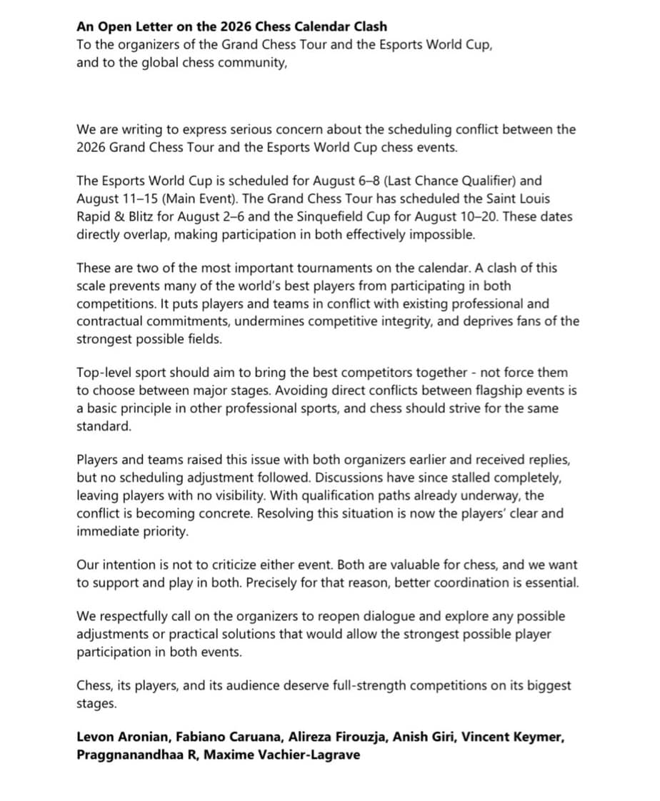 El calendario de la ira: Giri acusa a Nakamura de «apuñalar por la espalda» a sus colegas carta Carta de varios jugadores contra el calendario de 2026